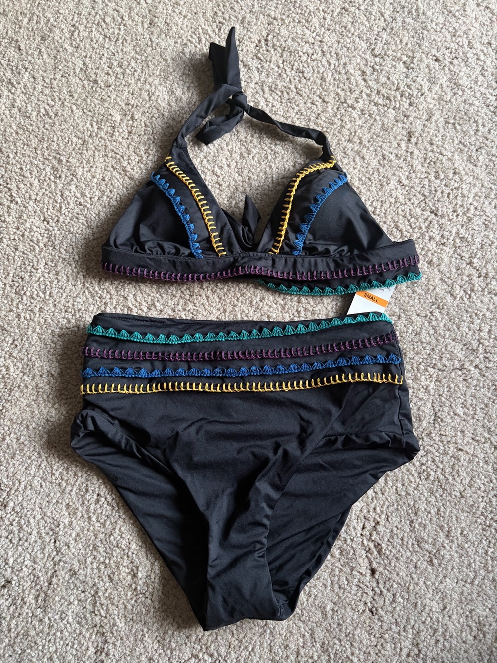 Soluna Black Crochet Trim High Waist Bikini Set Top bathingsuit Bottom NWT S/M
